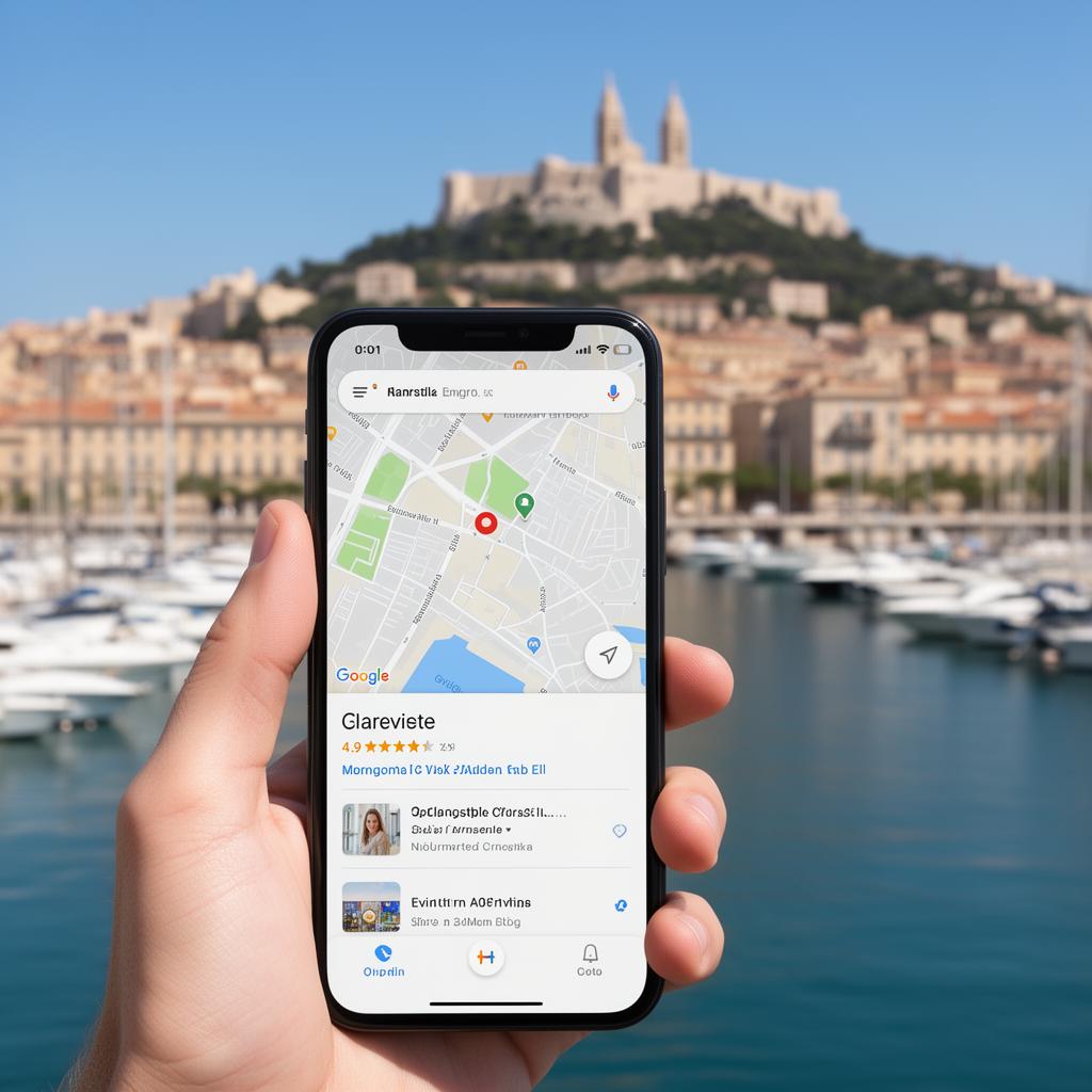 Smartphone affichant Google Maps avec une fiche Google Business à Marseille