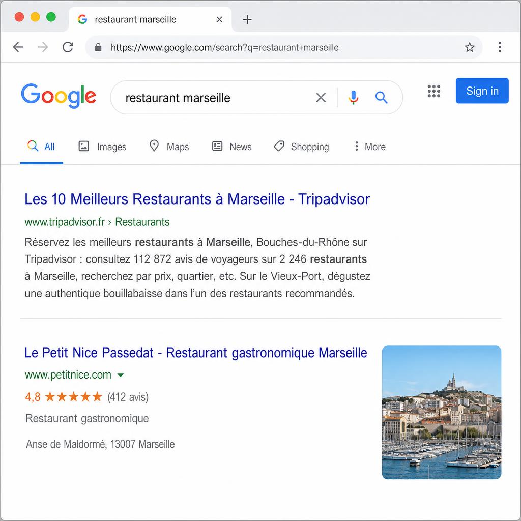 Résultats Google pour la requête restaurant marseille